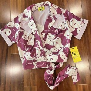 New NWT Unique Vintage x Smiley‎ Collab Purple Crop Blouse Top Wrap Graphic Sz S